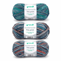 Gründl Sockenwolle Trio Strickset aus 3 x 100 g Sockengarn (75% Schurwolle (superwash), 25% Polyamid) + Anleitung, blau kupfer 3 x 100 g blau kupfer
