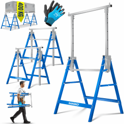MASKO® Teleskop-Arbeitsbock Untergestell 2-er Set | Klappbock max. Belastbarkeit 200 kg | Unterstellbock höhenverstellbar Min. / max. Arbeitshöhe 800-1300 mm | Gerüstbock inkl. Handschuhe | Blau 2er Set Silber / Blau