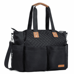 Lekebaby Baby Wickeltasche Bote groß mit Wickelunterlage für Reise, 19 Taschen, Diaper Bag Reisewindeltasche für Mama und Papa, Multifunktions Babytasche, Schwarz Gesteppt Schwarz Gesteppt 01