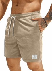 JMIERR Corduroy Shorts Herren Sommer Freizeit Leinen Stretch Baumwolle Elastische Taille mit Taschen M A Beige