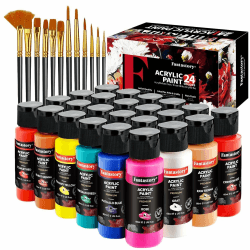 Fantastory Acrylfarben Set 24x 60ml,12 Pinsel;Exzellente Deckkraft,hohe Lichtechtheit,wasserfest Acrylic Paint;für Leinwand,Holz,Keramik,Modelle;Künstler,Profis,Anfänger[ProfessionelleSerie] 24 Klassische x 60ml.