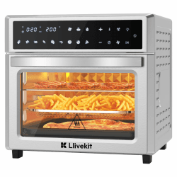 LLIVEKIT 26L Heißluftfritteuse XXL, Heißluftbackofen mit LED-Touchscreen, 12 in 1 Edelstahl Minibackofen mit Umluft, 7 Anhänge, 1700W Airfryer Oven XXL ohne Öl mit Drehfunktion, Silber 26L Silber