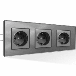 PANGTZEEN Schuko Steckdose mit Kralle 3 Fach Glas Rahmen 224mm Dreifach Wandsteckdose 16A Unterputz Zwei Befestigung Stil Einbausteckdose Grau Für Wohnzimmer, Schlafzimmer, Küche, Büro 3 Fach Grau