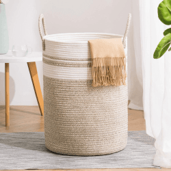 YOUDENOVA Wäschekorb Geflochten Wäschesammler Spielzeug Aufbewahrung Aufbewahrungskorb mit Griff Handarbeit Aus Baumwolle Z-Braun 38cm(D)x50cm(H) Z-braun