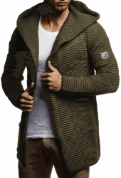 Leif Nelson Herren Strickjacke lang mit Kapuze & Reißverschluss - Strick Sweatjacke Männer Cardigan für Winter XXL Khaki