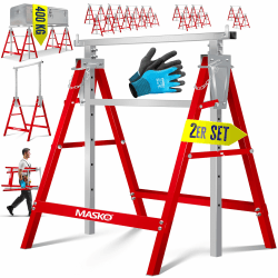 MASKO® Teleskop-Arbeitsbock Untergestell 2-er Set | Klappbock max. Belastbarkeit 200 kg | Unterstellbock höhenverstellbar Min. / max. Arbeitshöhe 800-1300 mm | Gerüstbock inkl. Handschuhe | Rot 2er Set Silber / Rot