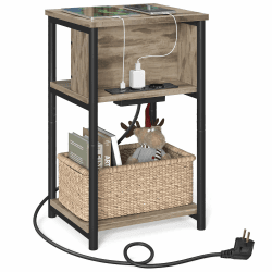 VASAGLE Beistelltisch, Nachttisch mit Steckdose, schmal, 2 AC-Anschlüsse, 2 USB-Anschlüsse, 30 x 34 x 58 cm, für Wohnzimmer, Schlafzimmer, haselnussbraun-schwarz LET375K01 Haselnussbraun + Schwarz