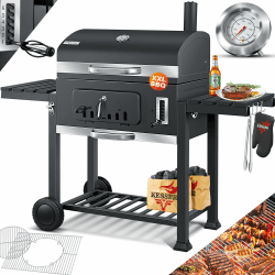 KESSER® Grill Grillwagen XXL Holzkohlegrill mit Deckel, Rädern, Edelstahl-Griff, Grillrost und Thermometer Holzkohle kohlegrill Wagen groß Kohle BBQ Barbeque Camping, Terrasse, Garten XXL Grau