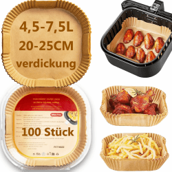 PETHREE Backpapier für Heißluftfritteuse 4,5-7,5L XXL, 100 Stück BPA-frei Verdicktes 20-25cm Airfryer Baking Paper Eckig, Antihaft Wasserdicht Ölfest Luftfritteuse Schalen Zubehör 20-25cm/4,5-7,5 L