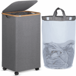 efluky Wäschekorb mit Rollen 100L, XL Wäschekorb mit Deckel mit Herausnehmbarer und Waschbarer Innentasche, Grau Wäschekorb Extra Große aus Bambus für Waschküche, Schlafzimmer, Badezimmer Grau 100L
