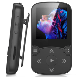 AGPTEK MP3 Player Bluetooth 5.3 Sport 64GB mit 1,5 Zoll TFT Farbbildschirm, Mini Musik Player mit Clip, Unterstützt bis 128GB SD Karte,Schwarz 64 GB Schwarz