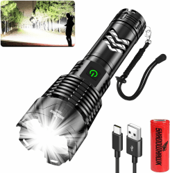 Shadowhawk Led Taschenlampe Extrem Hell, XHP160.2 550000 Lumen Taschenlampe Led Aufladbar USB Taktische Taschenlampen Batteriebetrieben, IP67 Wasserdicht Flashlight für Outdoor Camping(Mit Akku) Schwarz