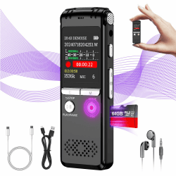 64GB Digital Voice Recorder, 1536Kbps One-Touch Recording Diktiergerät Aufnahmegerä mit Playback, Geräuschunterdrückung Audioaufnahmegerät für Vortrag/Interviews/Klassen/Meeting - ZIPICIDE