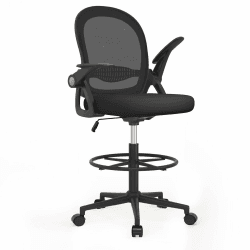 Naspaluro Bürostuhl mit Fußstützenring, Ergonomischer Schreibtischstuhl mit Atmungsaktiv Netzbespannung, Hochklappbare Armlehnen, Höhenverstellbarer Computerstuhl Leichter Stuhl 360° Drehstuhl Schwarz Schwarz 48 x 48 x 123cm
