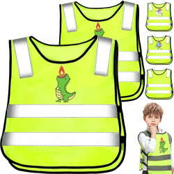 YOUYIKE Warnweste Kinder, 2 Stück Reflektierende Sicherheitsweste Kinder, Gelb Warnweste Fahrrad Kind Von 3-12 Jahre, 360 Grad Reflektorweste für Den Schulweg, Radfahren, Straßenverkehr Dinosaurier