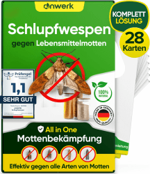 anwerk® Schlupfwespen gegen Lebensmittelmotten - 28 Karten (7 Karten à 4 Lieferungen) - Effektiv Lebensmittel Motten bekämpfen - Alternative zur Mottenfalle, Mottenspray, Pheromonfalle 7 stück (4er Pack)