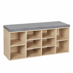 VASAGLE Schuhbank, Schuhregal mit Sitzfläche, Sitzbank mit Stauraum, gut gepolstert, Flurbank mit 10 Fächern, verstellbaren Ablagen, für Schlafzimmer, 30 x 104 x 48 cm, eichenfarben-grau LHS10NL Eichenfarben + Grau