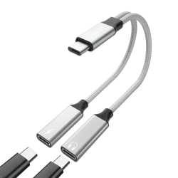 TRANLIKS USB C Splitter 2 USB C, USB C Doppelstecker Adapter Kopfhörer und Laden Verteiler mit PD 60W Schnellladung Aux Audio Kabel für 15/15 Pro/15 Plus/15 Pro Max - Silber Splitter Silber