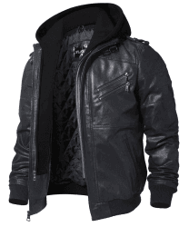 FLAVOR Echtes Lederjacke Herren Abnehmbarer Hoodie XXL Schwarz