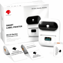 Phomemo M110 Etikettendrucker Bluetooth Etikettiergerät Beschriftungsgerät Selbstklebend mit 3 Etikett Geschenkbox, Label Printer für Barcode,Geschäfte,kleine Unternehmen,für Android & iOS & PC - Weiß Drucker + 3 Etiketten Weiß