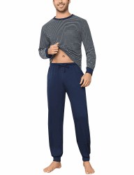 Aseniza Herren Schlafanzug Lang Baumwolle Bündchen Winter Pyjamas Ringel mit Langarmshirt und Pyjamahose für Männer XL A-dunkelblau