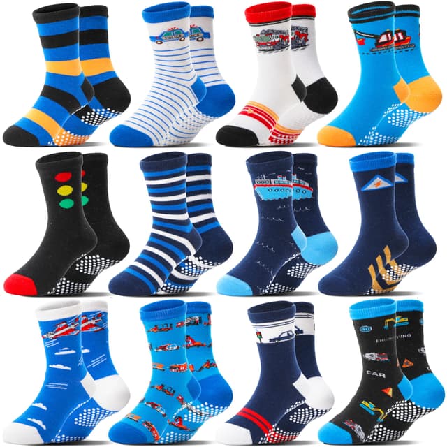 Welwoos 12 Paare Stoppersocken Kinder Baby Jungen Antirutschsocken Kinder Anti Rutsch Rutschfeste Baumwolle Socken 28-34 Autos