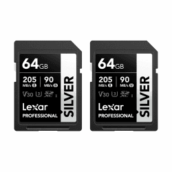 Lexar Silver SD Karte 64GB 2-Pack, UHS-I SDXC Card 205 MB/s Read Speed, 90 MB/s Write Speed, V30, U3, C10, 4K UHD Video, SD Card Memory Card with Lexar Lifetime Data Recovery 64 GB x 2