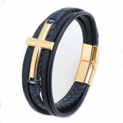 Apocalyptic-K Geflochtenes Herren Lederarmband, Edelstahl Inspirationsarmband, （21CM/8.25Zoll ） Magnetverschluss, Geschenke für Männer， Kreuzigung&Gold&Qaraqash Nahiyisi