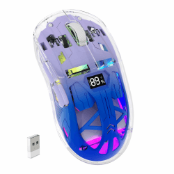 ZIYOU LANG x FREEWOLF Kabellose Gaming Maus, PixArt PAW3212 Dual Mode 2.4G/Bluetooth Transparente RGB-Hintergrundbeleuchtungsmaus, 400 mAh Akku, 4000 DPI 5 Stufen, sichtbarer Akkustand – Lila
