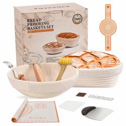 Clheatky Gärkörbchen Set mit Liner, 25cm Rund & Oval Sauerteig Starter Kit, Sauerteig Brot Backen Zubehör, Brot Backen Werkzeuge, Natürliche Rattan Gärschalen Körbe