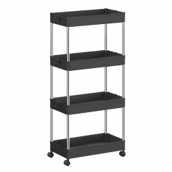 SONGMICS Rollwagen, Küchenwagen mit 4 Ebenen, Küchenregal, Nischenregal, mit 6 Haken, 360° drehbare Räder, arretierbar, Stahlgestell, Bad, Küche, Büro, schwarz KSC010B01 23,6 x 42 x 86 cm Schwarz