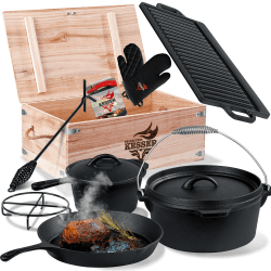 KESSER® Dutch Oven Set 9-teilig in Holzkiste mit Dutch Oven Mit viel Zubehör - Gusseisen - bereits eingebrannt mit Kochtopf Grillplatte Pfanne Deckelheber Inkl. Rezeptbuch Handschuhe
