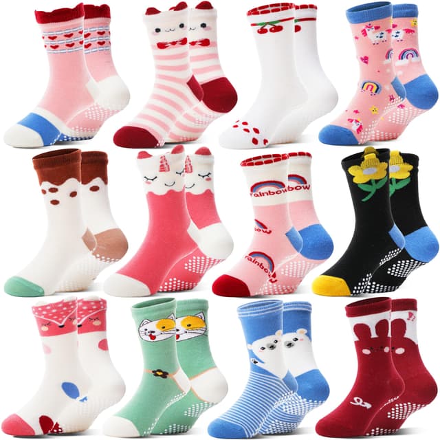 Welwoos 12 Paare Stoppersocken Kinder Baby Mädchen Socken Antirutschsocken Kinder Anti Rutsch Baumwolle Lustige Socken für Kinder Mädchen Kleinkind 26-28 Cartoon
