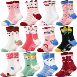 Welwoos 12 Paare Stoppersocken Kinder Baby Mädchen Socken Antirutschsocken Kinder Anti Rutsch Baumwolle Lustige Socken für Kinder Mädchen Kleinkind 26-28 Cartoon