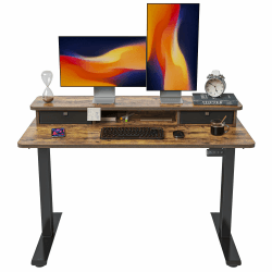 FEZIBO Höhenverstellbarer Elektrischer Stehtisch mit Doppelschublade, 120 x 60 cm Heimbüro Schreibtisch mit Ablagefach, Sitz-Steh-Schreibtisch Computerarbeitsplatz, Rustikal Braun Oberfläche 120 × 60 cm Braun