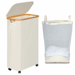 efluky Wäschekorb mit Rollen, 75L Faltbarer Wäschekorb mit Deckel, Beige Schlanker Wäschebehälter mit Bambusgriffen und abnehmbarem Beutel für Schlafzimmer, Bad, Waschküche Beige 75L