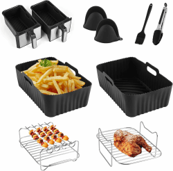 CINEMON 8 Stück Heißluftfritteusen Zubehör, Silikonform für Heißluftfritteuse für Ninja AF300EU/ AF400EU, Dual Airfryer Zubehör mit Heißluftfritteuse Grillpfanne, Backpapier etc 8 Stück Schwarz