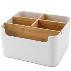 VICDUEKG Schreibtisch Organizer, 5 Fächer Bambus Büro Organizer mit Stifthalter, Aufbewahrungsbox Desk Organizer für Stifte, Kosmetika, Haftnotizen (Weiß)