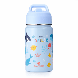 SANTECO Trinkflasche Kinder Edelstahl 380ml mit Strohhalm Auslaufsicher - Kinder Thermosflasche BPA-frei - Einfach zu Säubern - Thermoskanne Jungen/Mädchen für Kindergarten, Schule Sea World 380 ml