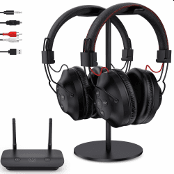 LETSACTIV Dual Wireless Kopfhörer zum Fernsehen mit Sender und Headset-Ständer, 196ft Reichweite mit optischen, AUX, RCA und USB, hohe Lautstärke, 40 Stunden Spielzeit Duett schwarz