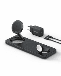 Anker MagGo Faltbare 3-in-1 Kabellose Ladestation, Qi2-zertifiziertes ultraschnelles 15W kabelloses Ladegerät für iPhone 16/15/14/13/12, AirPods Pro, Apple Watch Ultra (Mit USB-C Ladegerät + Kabel) Schwarz