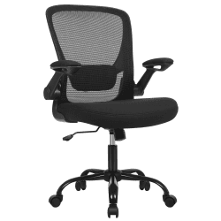 SONGMICS Bürostuhl, Schreibtischstuhl, Drehstuhl mit Netzbespannung, ergonomisch, gepolsterte Lendenstütze, Wippfunktion, 53 cm große Sitzfläche, klappbare Armlehnen, schwarz OBN37BK Schwarz Ohne Kopfstütze