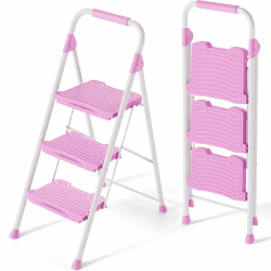 KINGRACK 3 Stufenleiter, Stabiler Tritthocker mit Handlauf, Anti-Rutsch-Pedale, Faltbarer Tritthocker für Haus, Garage, Garten, 900LBS Test, Rosa 3 Stufen mit handläufen Rosa
