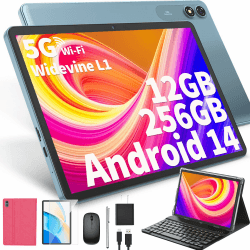 JJGJ Android 14 Tablet mit Tastatur, Tablet 10 Zoll mit 12GB+256GB, 1TB Expand, 8-Core, 8000mAh, 5G WiFi, Widevine L1, GMS, Gesichtserkennung, 2 in 1 Tablet mit Tastatur, Maus, Stylus(Rosa)