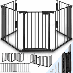 KIDUKU® Kaminschutzgitter mit Tür Metall 300 cm | Absperrgitter Ofenschutzgitter faltbar | Konfigurationsgitter inkl. 5 Elementen (Schwarz) 300 cm Schwarz