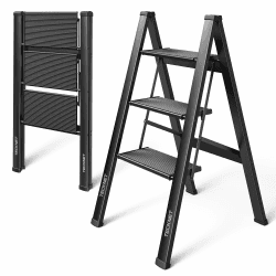 TECKNET Trittleiter 3 Stufen klappbar, Klappleiter aus Aluminium, extra breite Anti-Rutsch-Pedale, belastbar bis 150 kg, Tritthocker einfach zu verstauen, Stehleiter für Haushalt, Küche und Büro