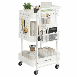 SONGMICS Rollwagen, Küchenwagen, 3 Metallgitterablagen, Servierwagen, 2 abnehmbare Lochplatten, 2 Hängekörbe, 4 Haken, für Büro, Küche, Wohnzimmer, Badezimmer, wolkenweiß LRC037W01
