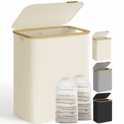 SONGMICS Pfandflaschen Sammelbehälter，Wäschekorb mit Deckel, Wäschesammler mit 2 Fächer, 130 L, herausnehmbarer Wäschesack, Griffe aus Bambus, 52 x 38,5 x 70,5 cm, cremeweiß LCB513W01 Cremeweiß 130 L