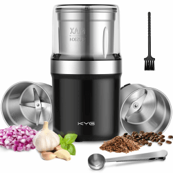 KYG Kaffeemühle Elektrisch mit 2 Abnehmbarer Edelstahlbehälter, 300W Kaffeebohnenmühle elektrisch, Gewürzmühle mit 100g Füllmenge, für Kaffeebohnen, Kräuter, Nüsse, Körner 2 Abnehmbare Becher