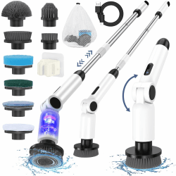Elektrische Reinigungsbürste, [Faltbar-450 Umdrehungen] Homtronics Elektrische Putzbürste, Verstellbarer Langgriff, Electric Spin Scrubber Schnurlos mit 8 Bohrbürstenköpfen für Bad Küche Auto, Weiß